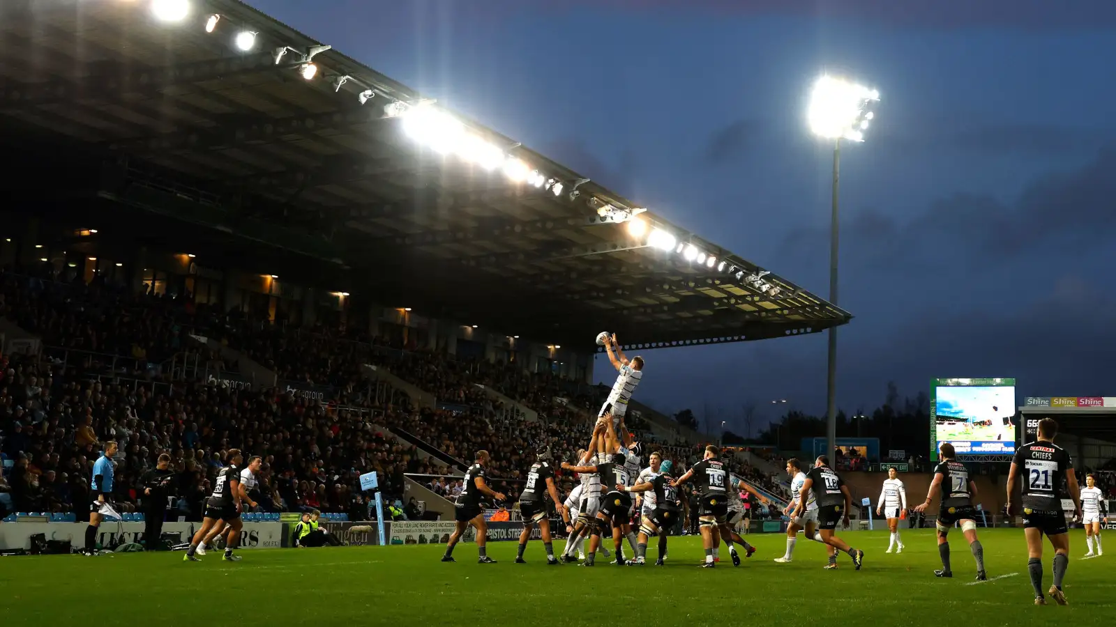 Exeter Chiefs and Gloucester battle for lineout ball at Sandy Park.