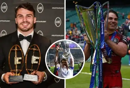 Antoine Dupont the 2023 Best International Player for men and the Best Player at Top 14 awards during La Nuit Du Rugby ceremony, the French captain with the Six Nations trophy and Champions Cup trophy.