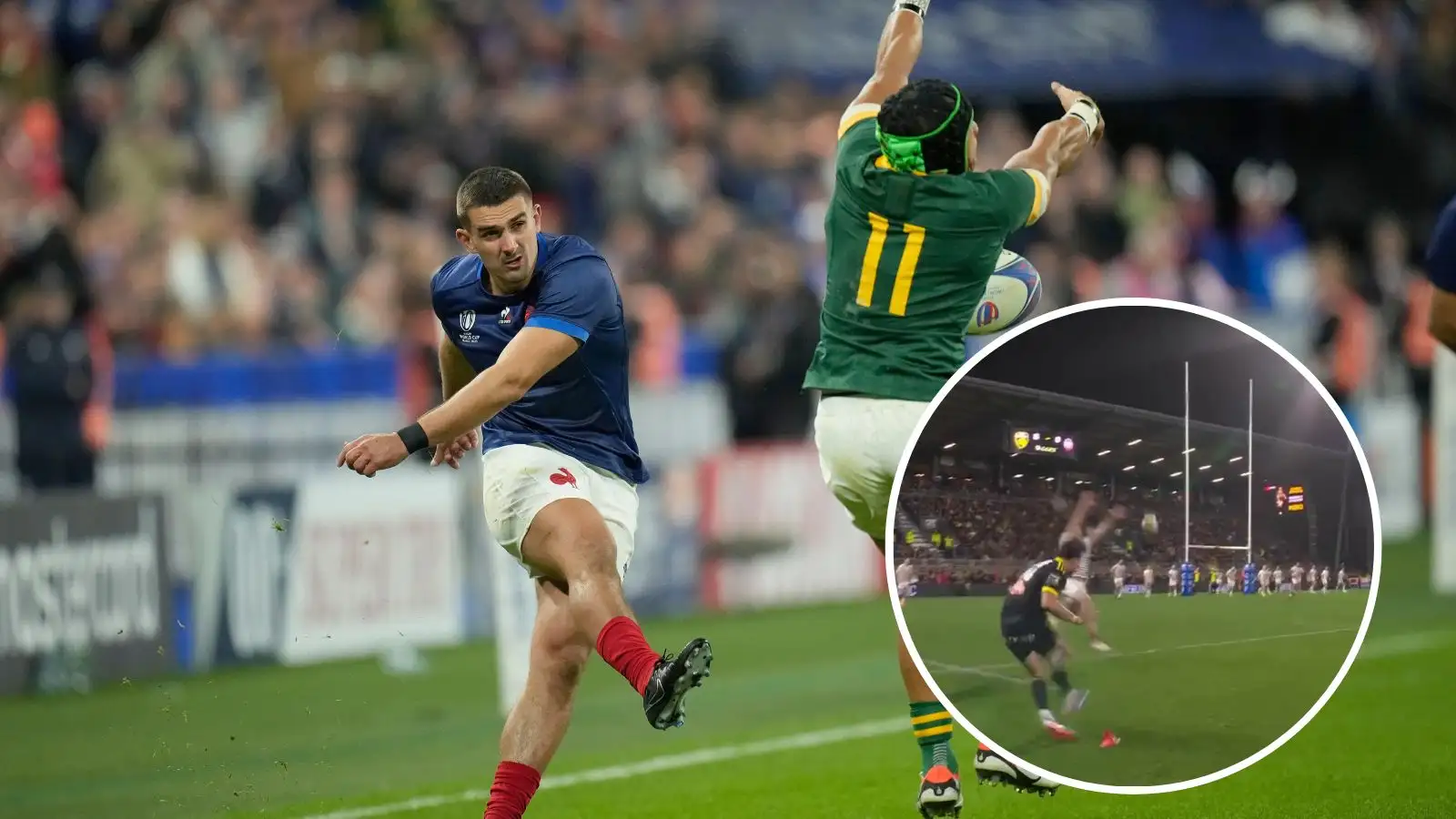 Thomas Ramos has his try conversion kick charged down by South Africa's Cheslin Kolbe during the Rugby World Cup quarterfinal match between France and South Africa and a screenshot of Damian Penaud's attempted charge down on Antoine Hastoy.