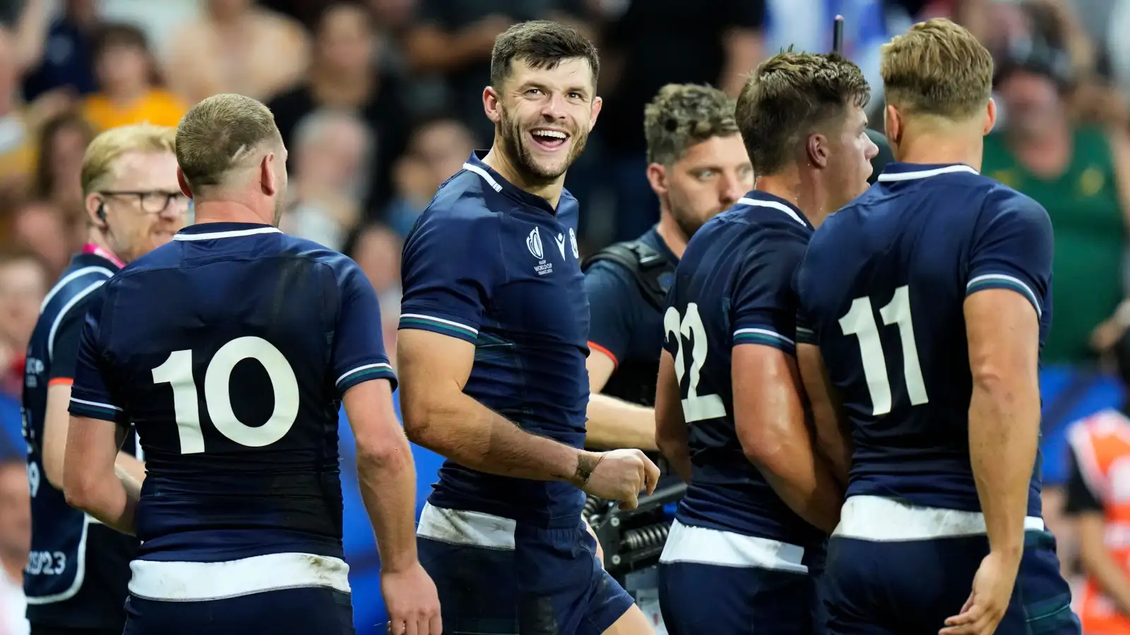 Blair Kinghorn célèbre un essai écossais lors de la Coupe du Monde de Rugby