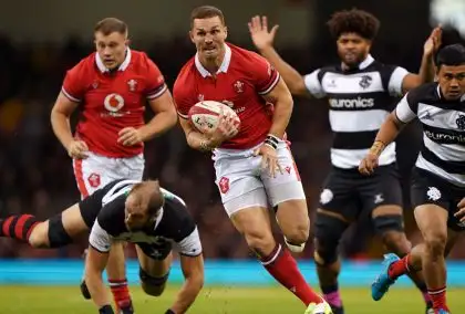George North on the charge for Wales against Barbarians in 2023.