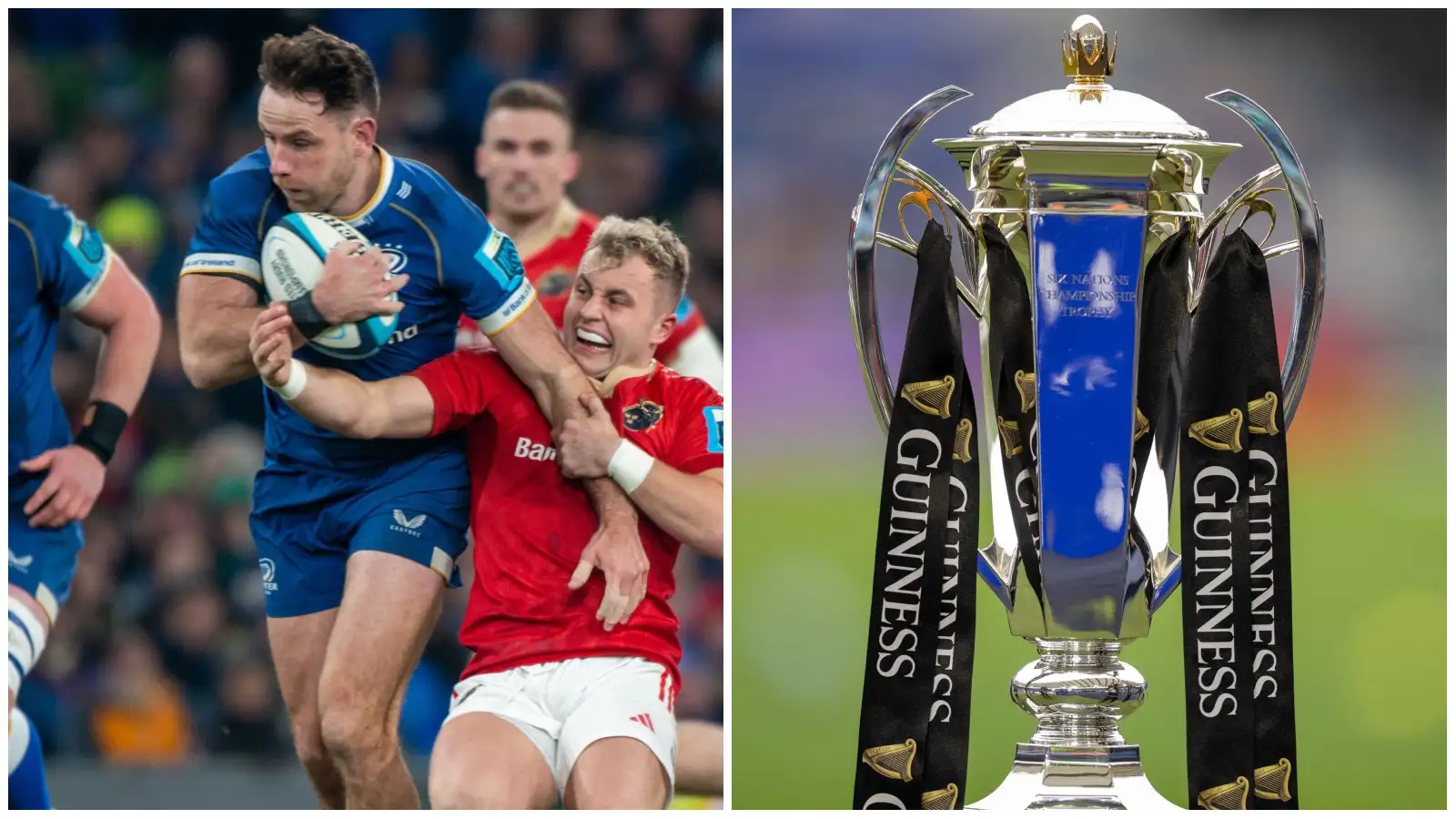 Leinster's Hugo Keenan in action against Munster alongside the Six Nations trophy.