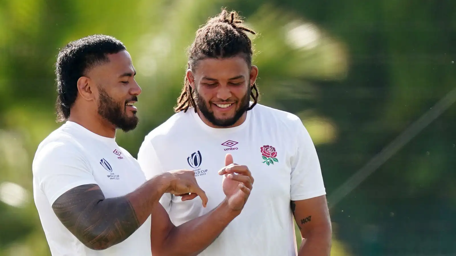 England's Lewis Ludlam alongside centre Manu Tuilagi during the Rugby World Cup in 2023.