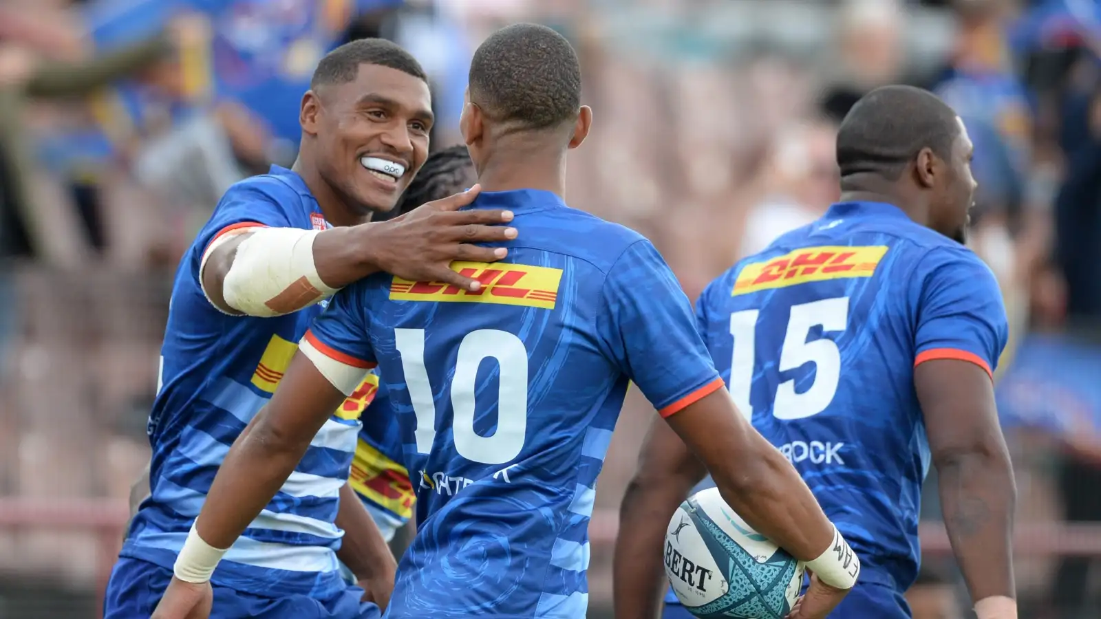 Stormers stars Damian Willemse, Manie Libbok and Warrick Gelant during a game.