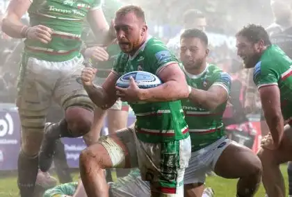 Leicester Tigers flanker Tommy Reffell after scoring a try.