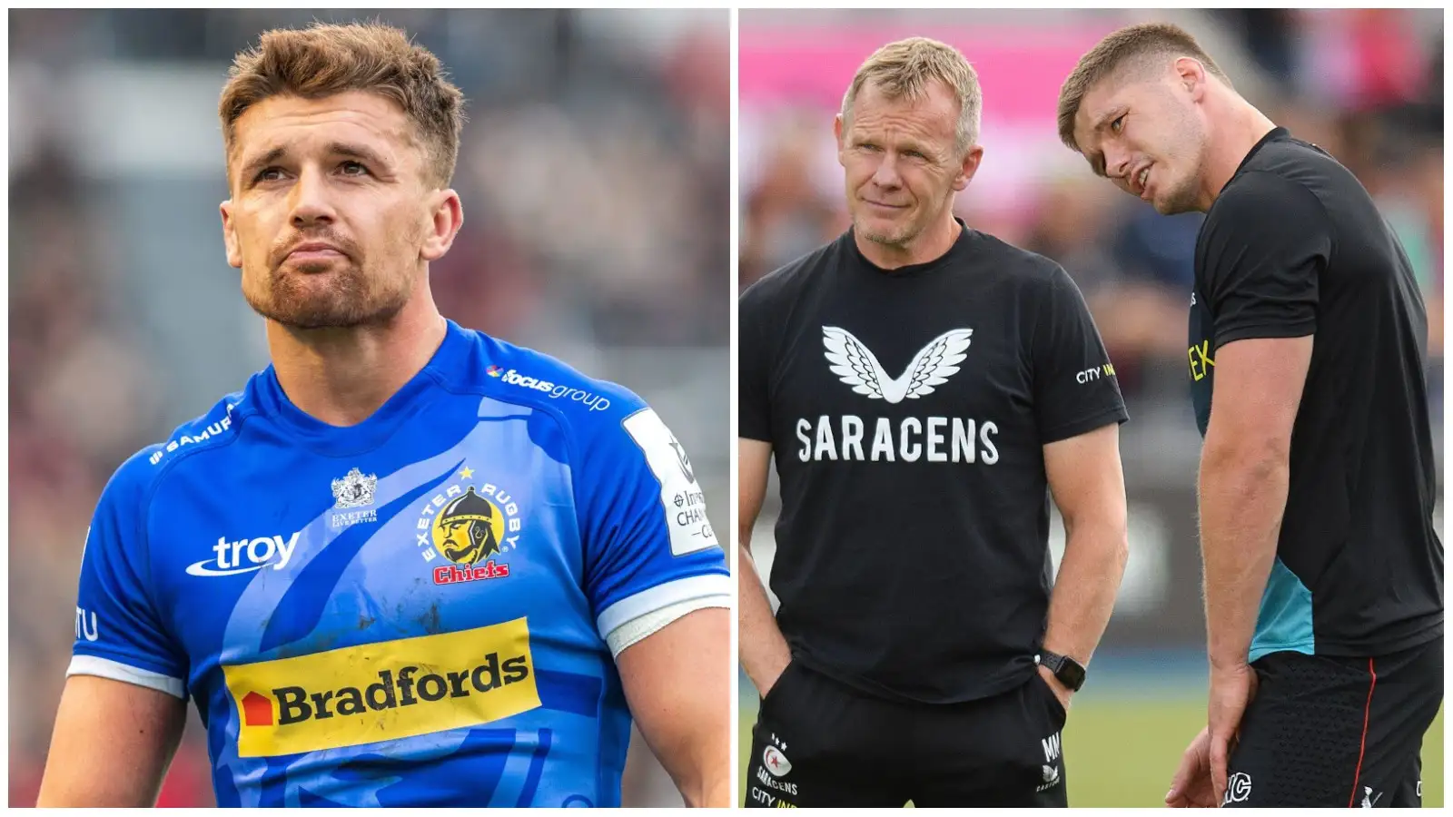 Exeter Chiefs centre Henry Slade and Mark McCall and Owen Farrell in Saracens warm-up.