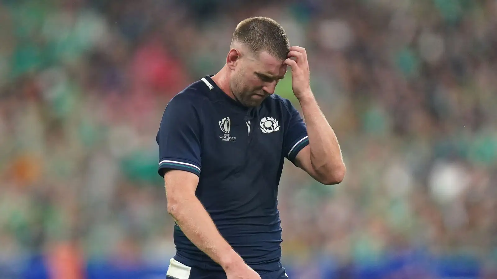 Scotland's Finn Russell appears dejected during the Rugby World Cup 2023, Pool B match against Ireland at Stade de France in Paris, France.