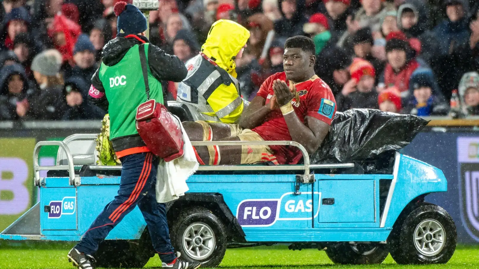 Munster second-row Edwin Edogbo stretchered off against Leinster.