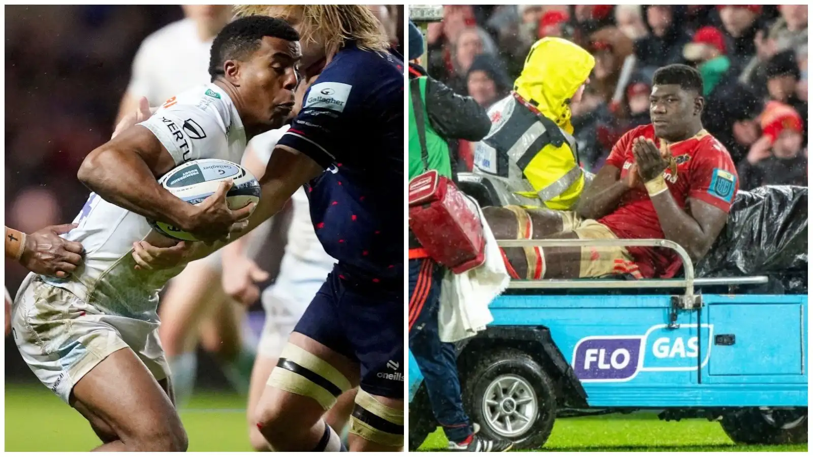 Exeter Chiefs wing Immanuel Feyi-Waboso and Munster lock Edwin Edogbo.