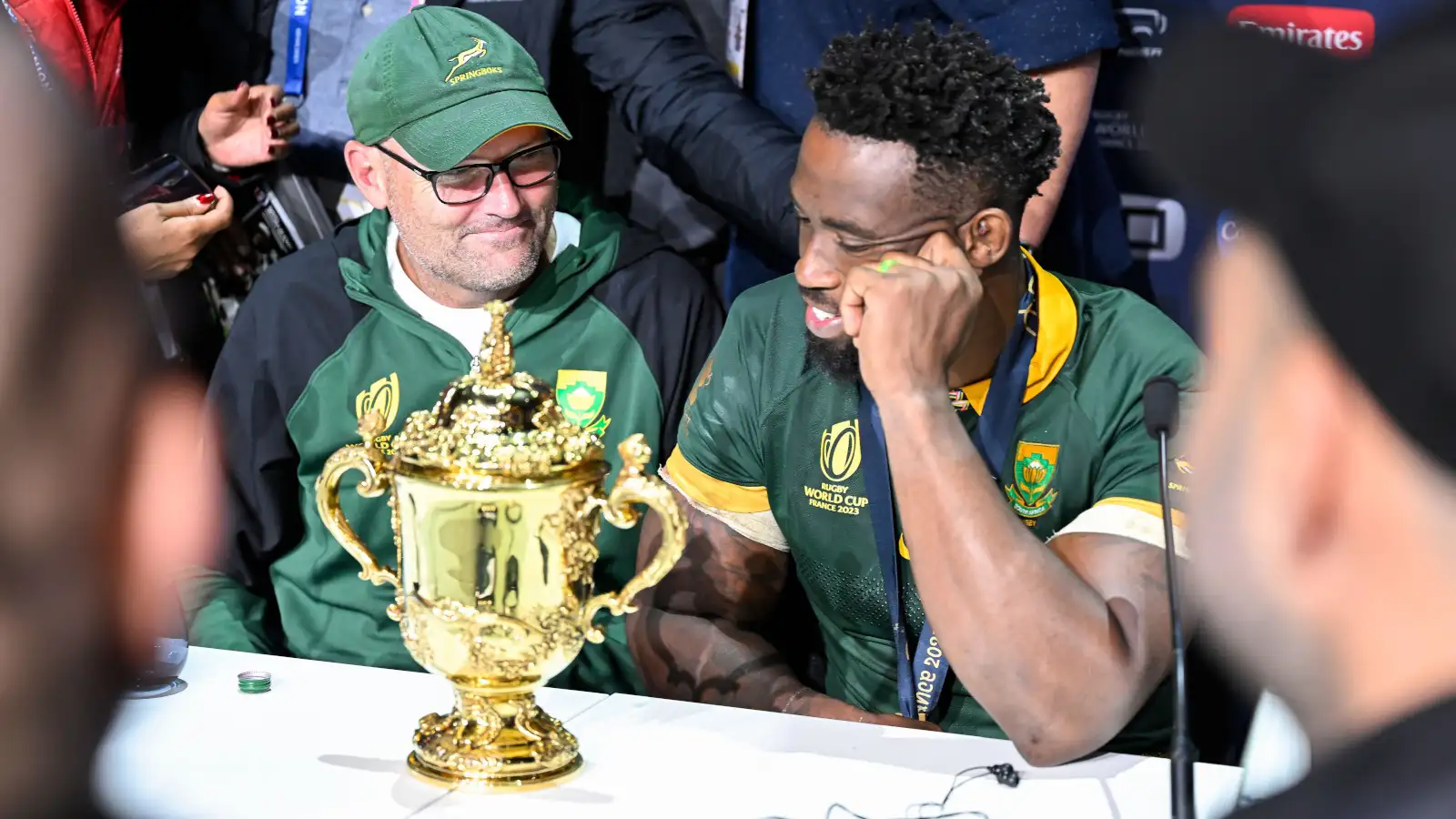 Jacques Nienaber and Siya Kolisi with the Rugby World Cup trophy PA.