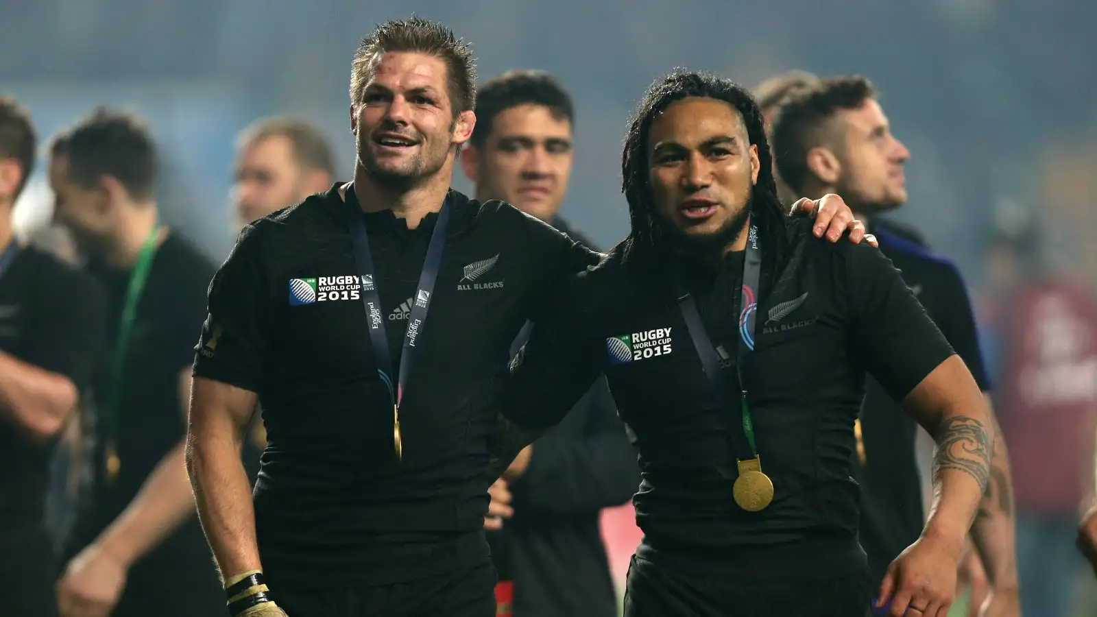 All Blacks Richie Mccaw & Ma'a Nonu following the 2015 Rugby World Cup final victory over Australia at Twickenham.