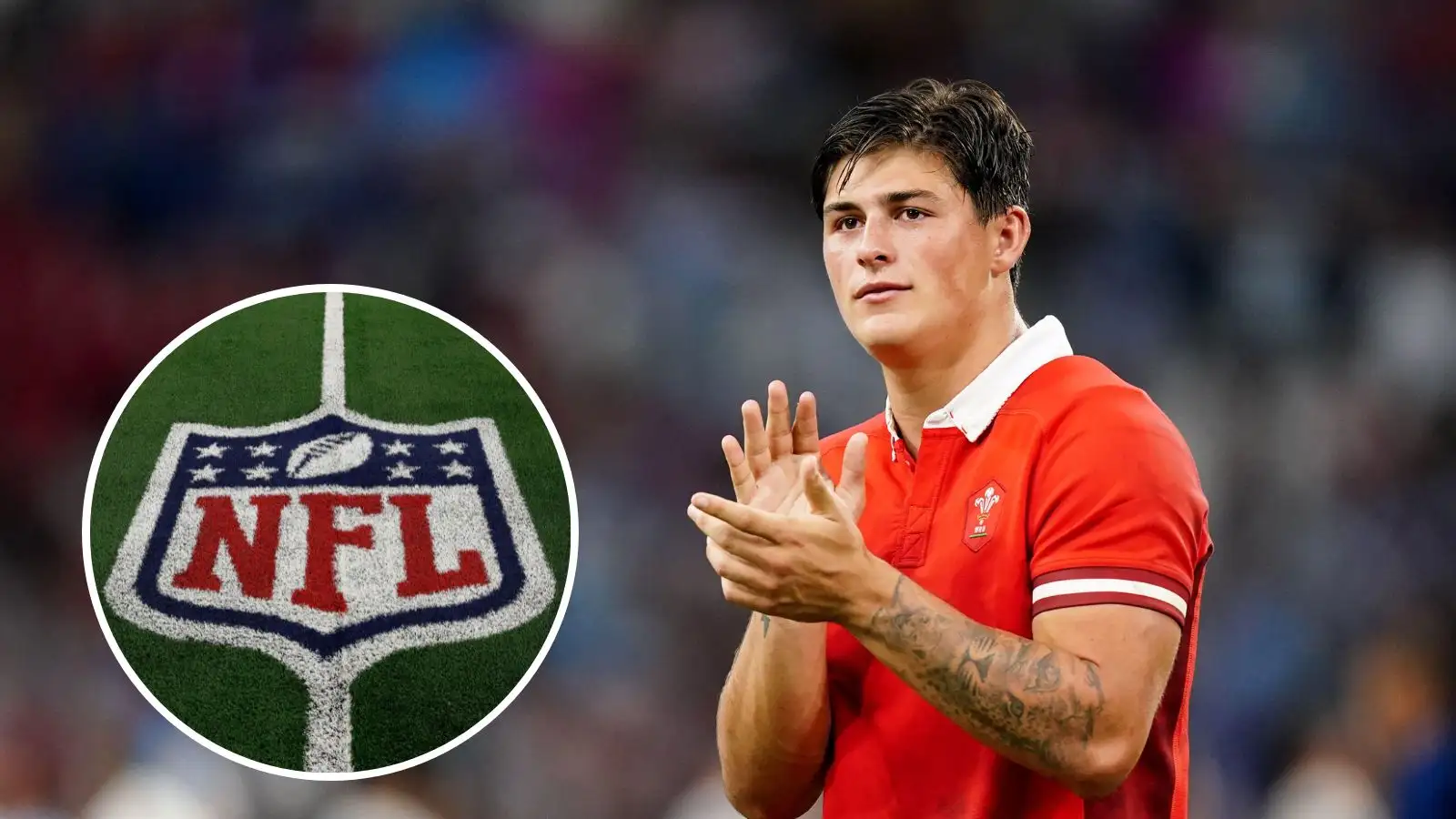 Wales star Louis Rees-Zammit during the 2023 Rugby World Cup and a cut of the NFL logo on a pitch.