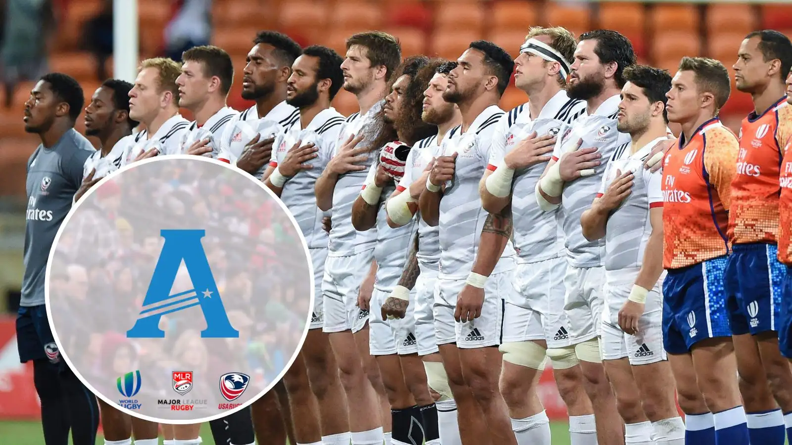 USA during their national anthem in the Final between USA and New Zealand at The World Rugby Sevens on February 03, 2019 and the logo for Anthem RC, USA Rugby, World Rugby and Major League Rugby.