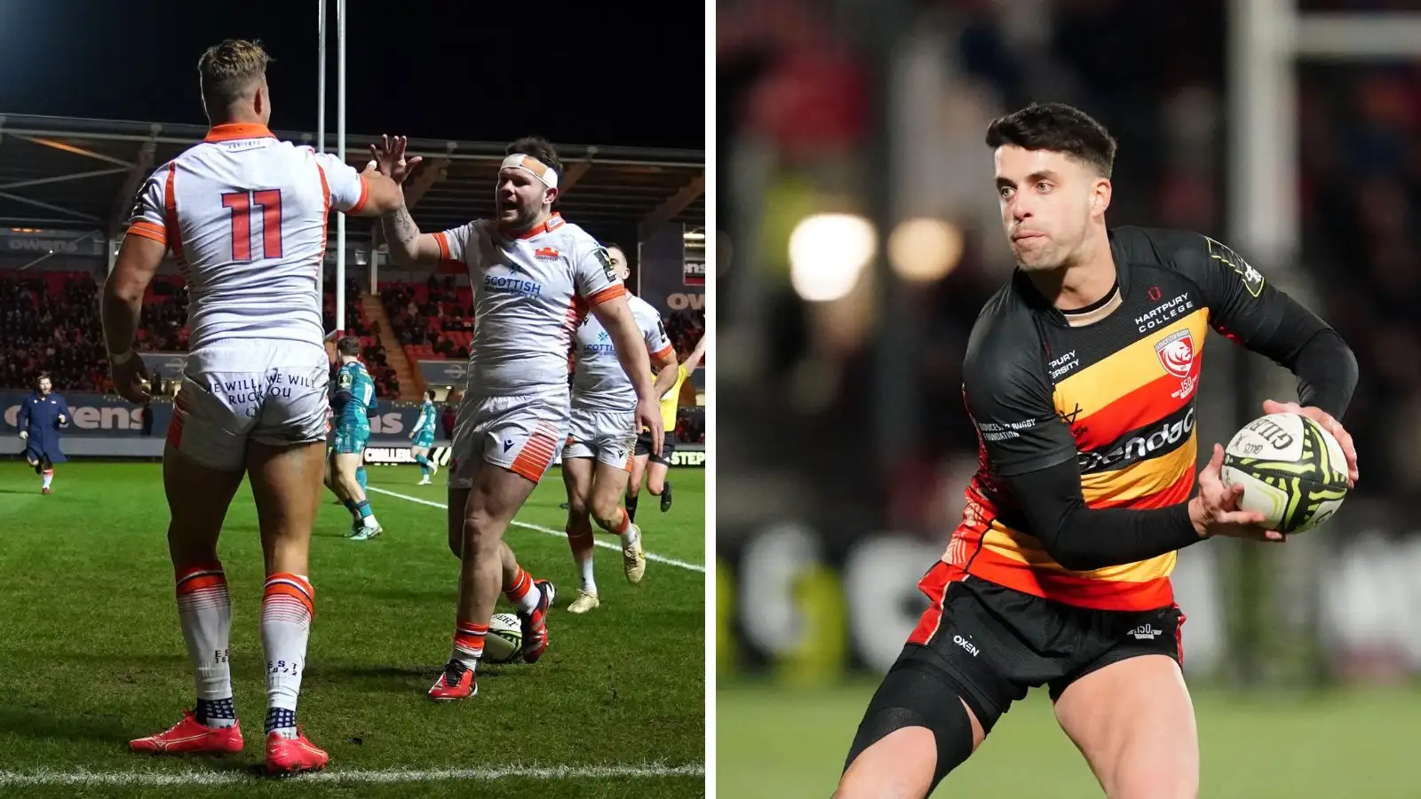 Edinburgh's Duhan van der Merwe celebrates scoring their side's third try of the game during the EPCR Challenge Cup match at the Parc y Scarlets and Gloucester's Adam Hastings during the EPCR Challenge Cup match at the Kingsholm Stadium.