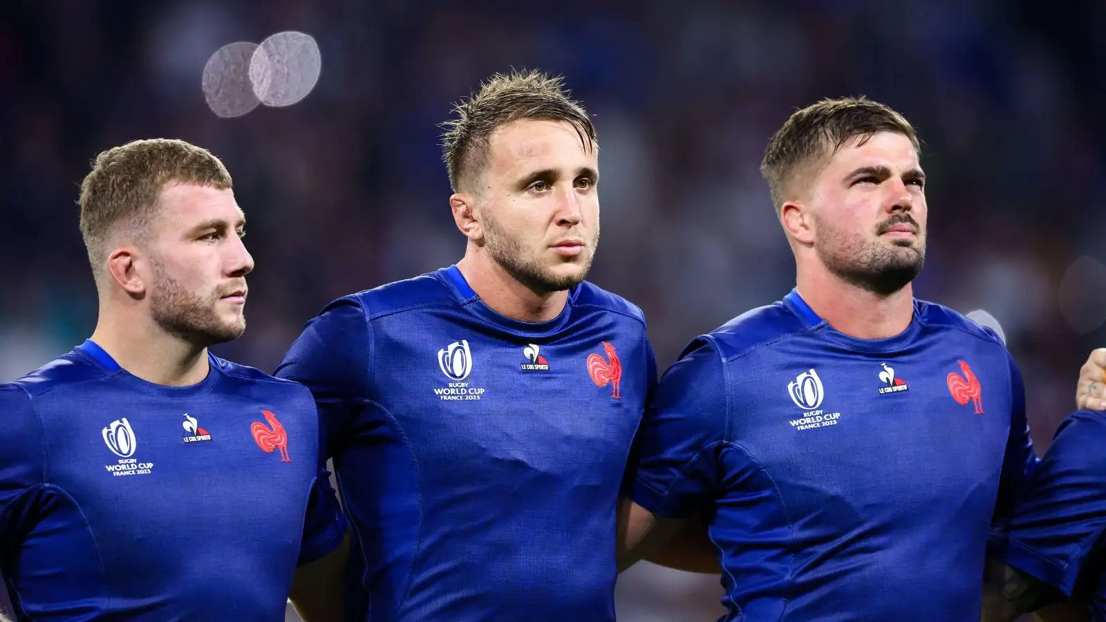 France's Anthony Jelonch and Gregory Alldritt during the Rugby World Cup Pool A match between France and Italy at Stade de Lyon on October 06, 2023.