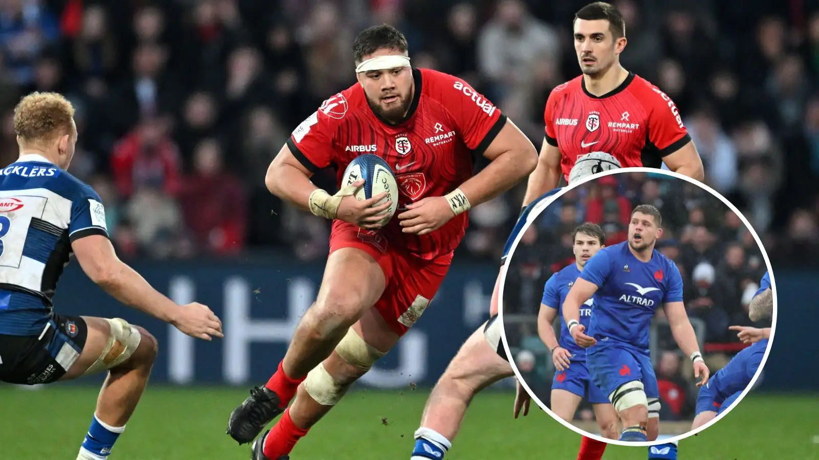 Emmanuel Meafou in action for Toulouse and France lock Paul Willemse.