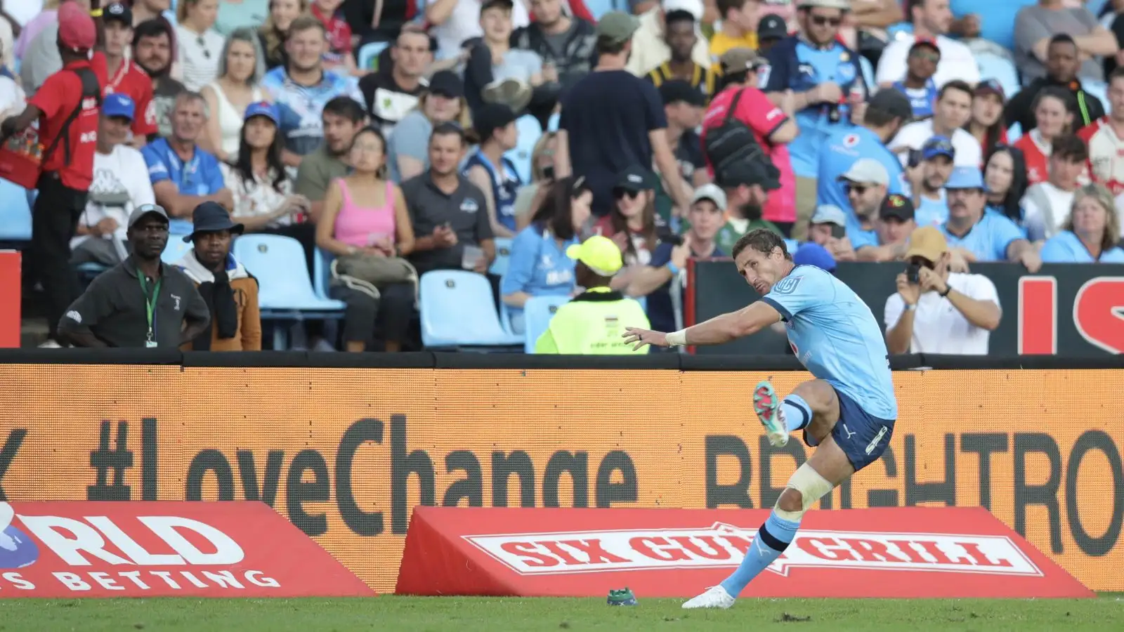 Bulls star Johan Goosen kicking for goal.
