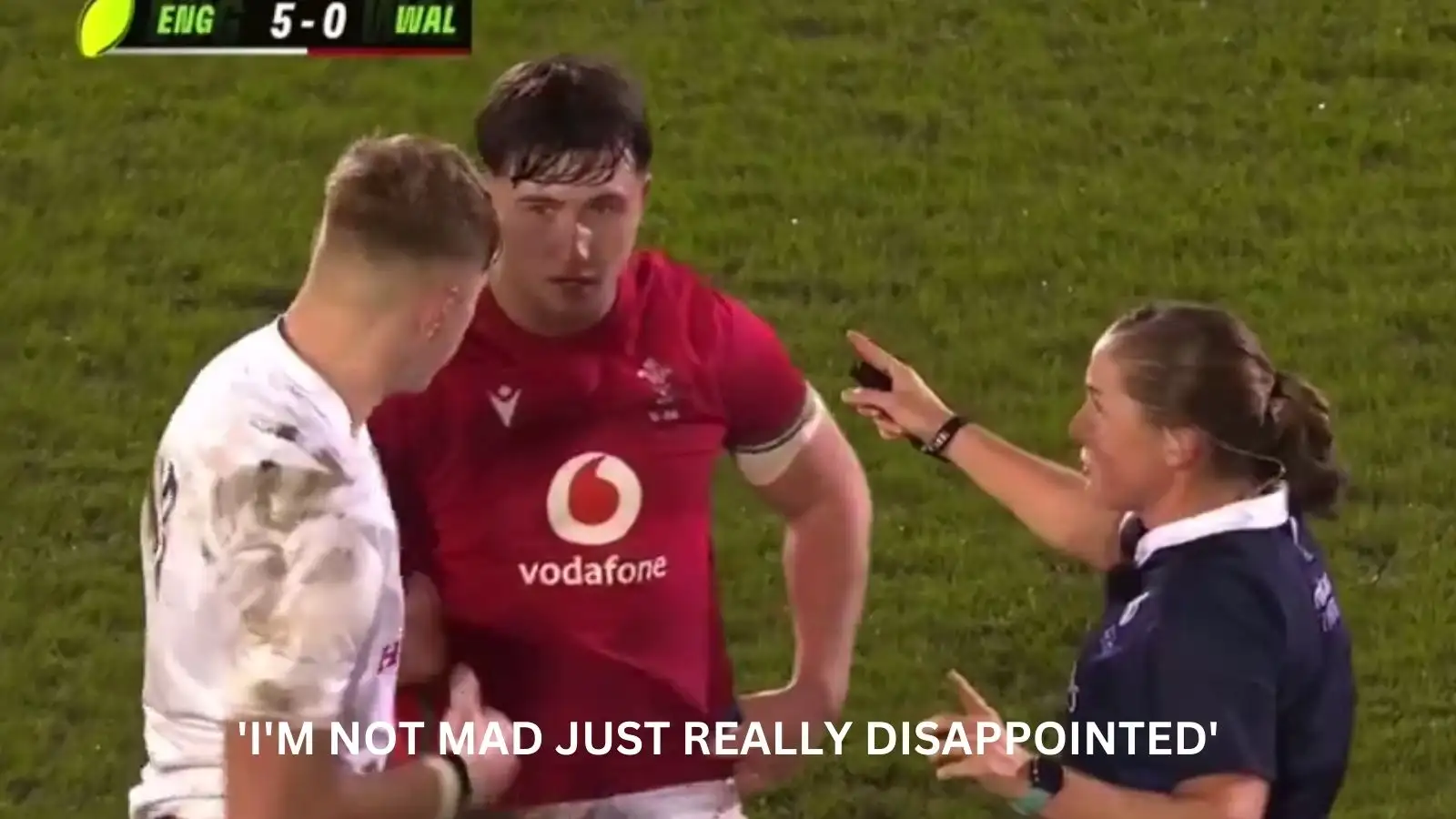 South Africa referee Aimee Barrett-Theron speaking to England captain Finn Carnduff and Wales skipper Harri Ackerman during the U20 Six Nations. Text Reads: 'I'm not mad just really disappointed'