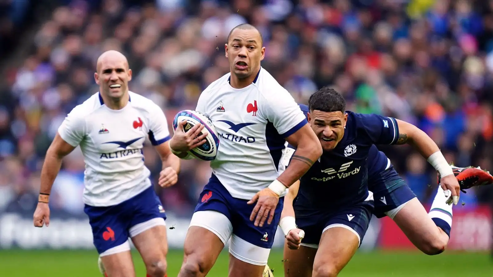 France's Gael Fickou attempts to break through the Scotland defence during the Guinness Six Nations match.