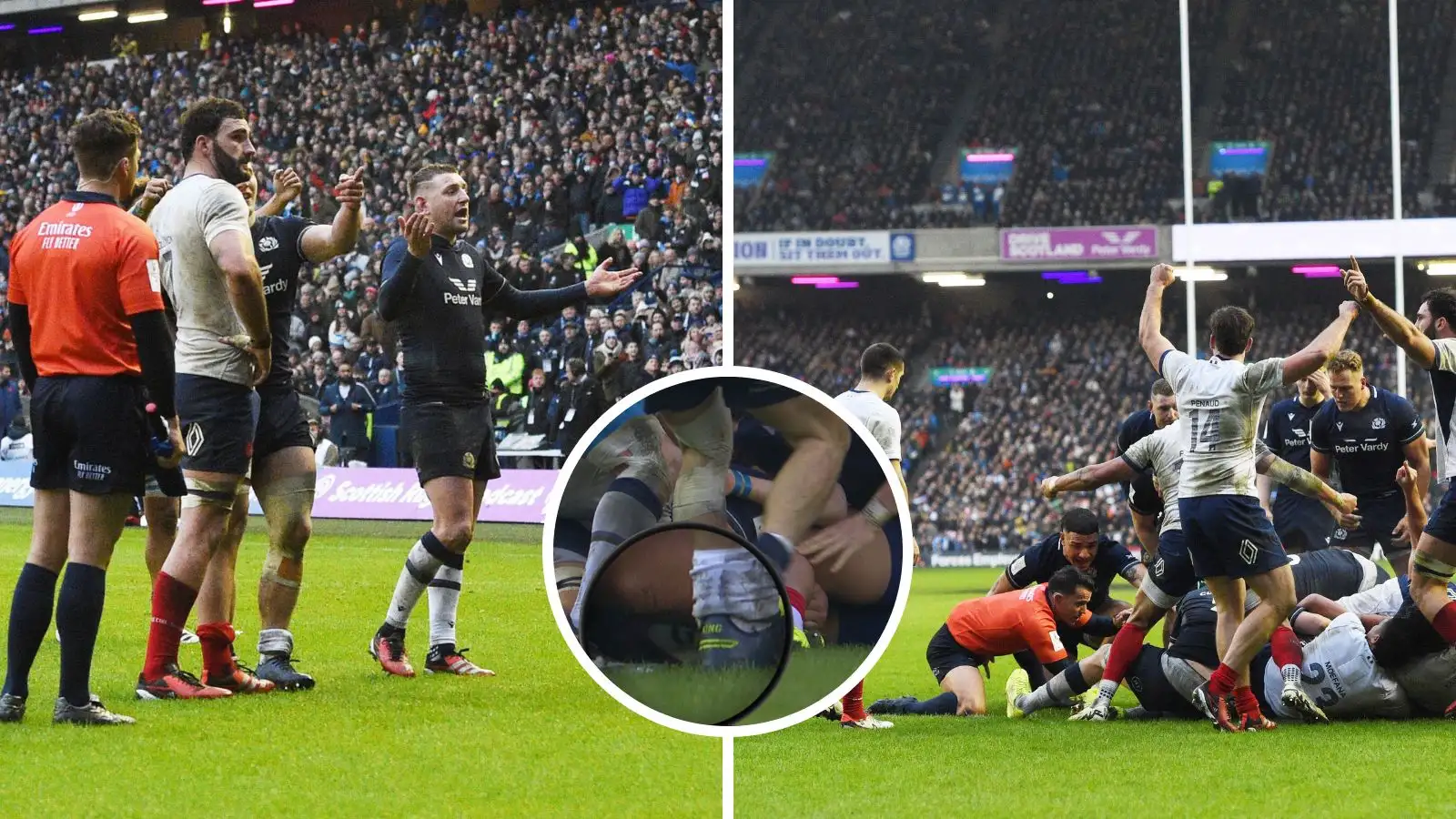 Split image of Finn Russell, referee Nic Berry checking the potential try, and screenshot during the 2024 Six Nations match between Scotland and France at Murrayfield.