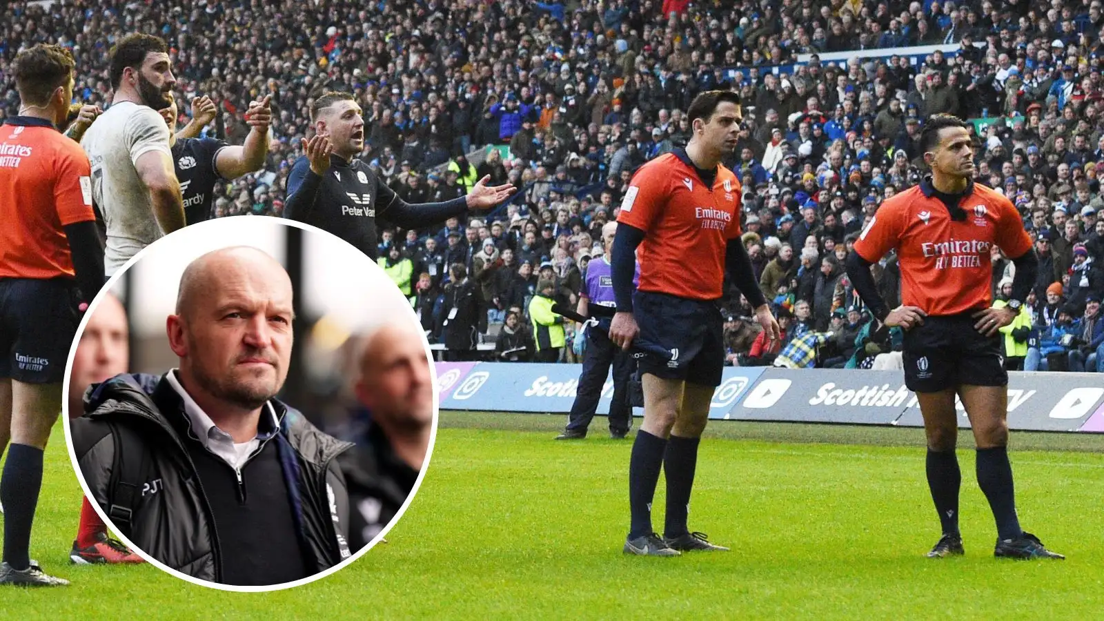 Scotland head coach Gregor Townsend and Finn Russell pleads Scotlands case .as Referee Nic Berry (RA) and officials check the disallowed try on the screens.
