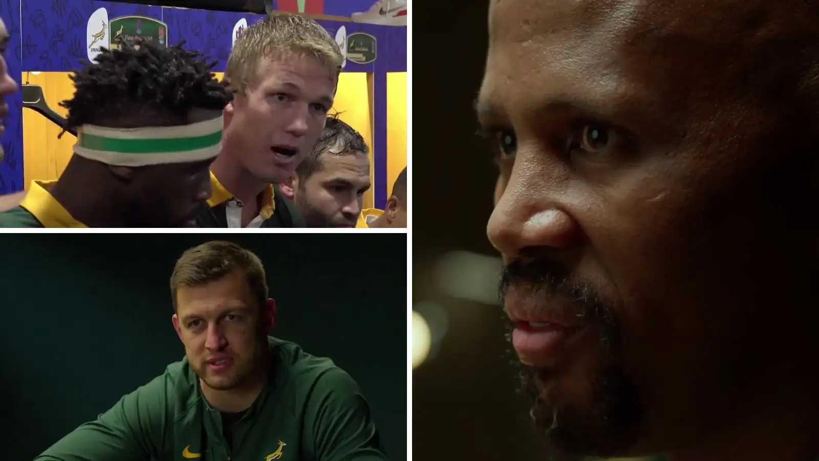 Screenshots from the Chasing the Sun 2 documentary featuring Springboks Pieter-Steph du Toit, Handre Pollard and Mzwandile Stick during the Rugby World Cup.