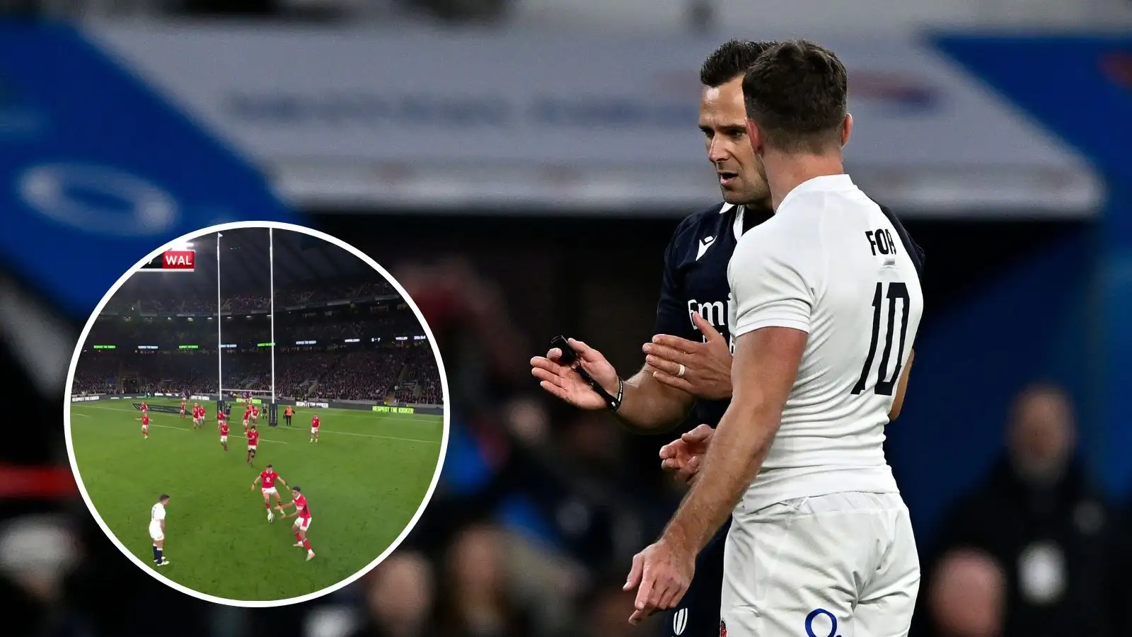 George Ford talks to referee James Doleman during England v Wales in the Six Nations at Twickenham.