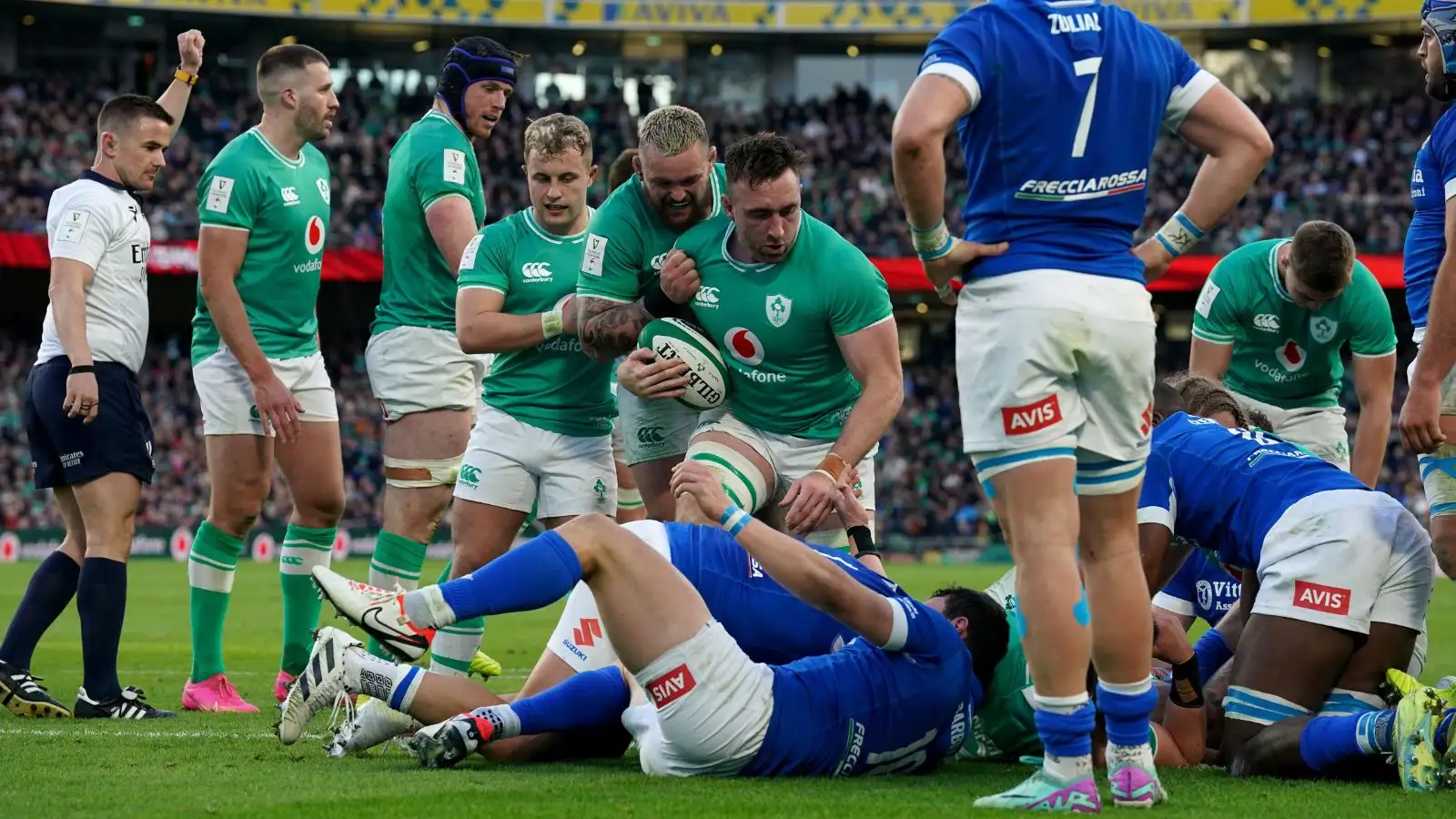 Ireland's Jack Conan (with ball) after scoring his side's third try of the game during the Six Nations match against Italy.