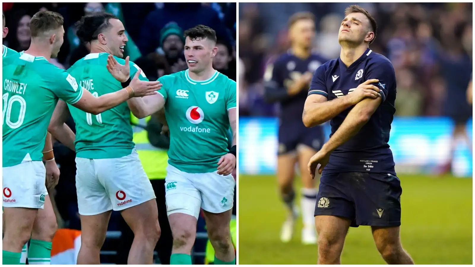 Ireland celebrate Calvin Nash try while Scotland scrum-half Ben White is frustrated.