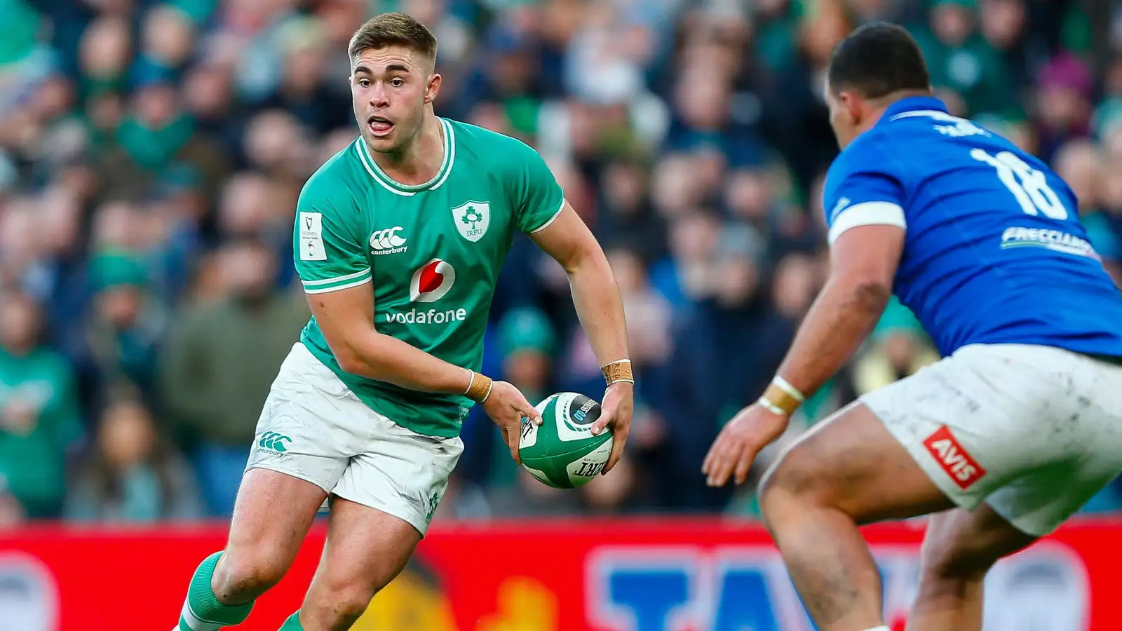 Jack Crowley in action for Ireland against Italy in the 2024 Six Nations.