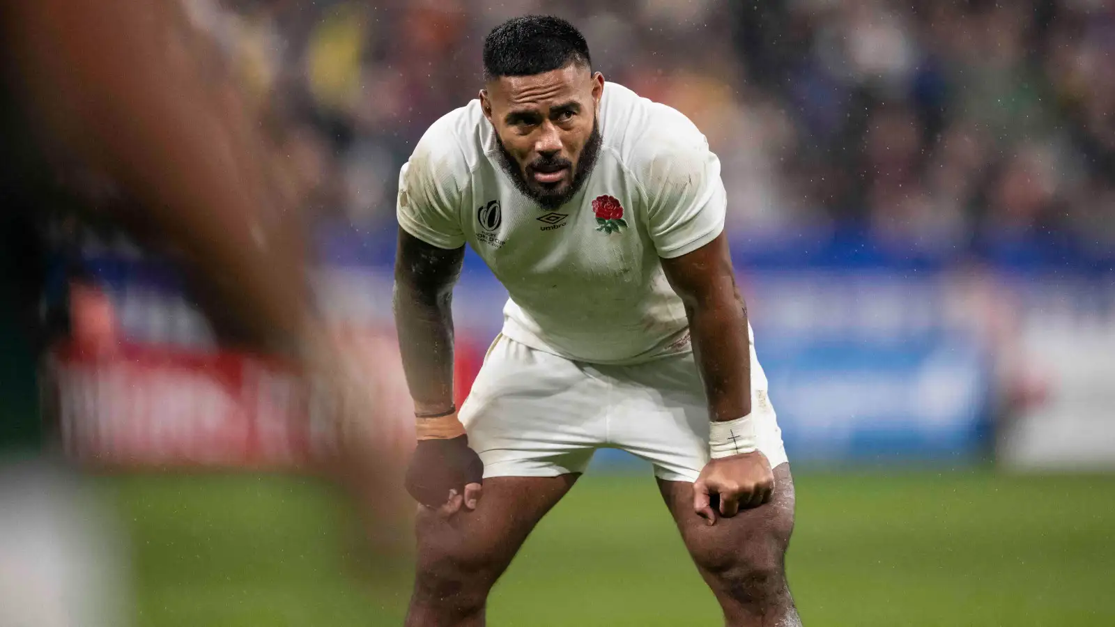 Manu Tuilagi in action for England against South Africa in 2023 Rugby World Cup.