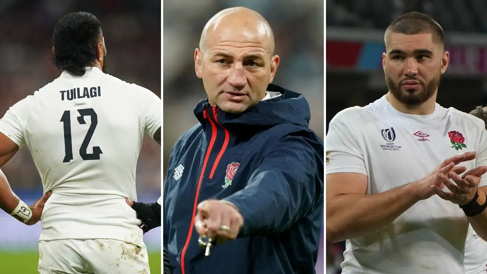 England centre Manu Tuilagi, head coach Steve Borthwick, and forward George Martin.