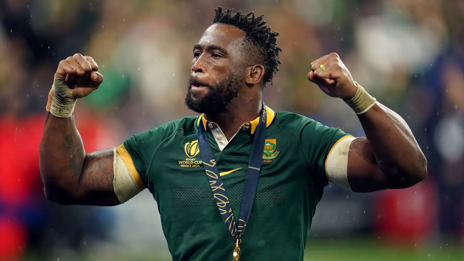 Siya Kolisi celebrates following 2023 Rugby World Cup final victory.