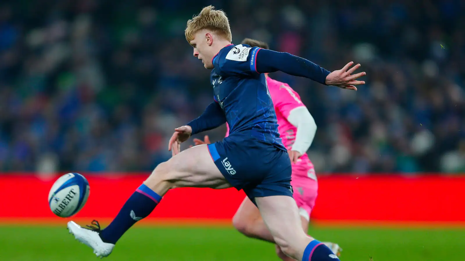 Leinster back Tommy O'Brien kicking.