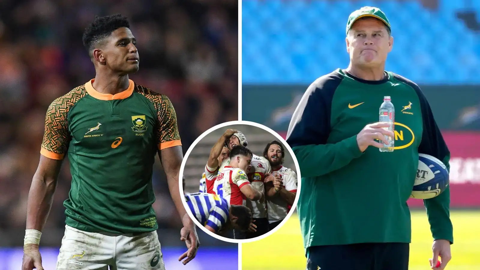 Sacha Feinberg-Mngomezulu, Ruan Venter and Springboks head coach Rassie Erasmus.
