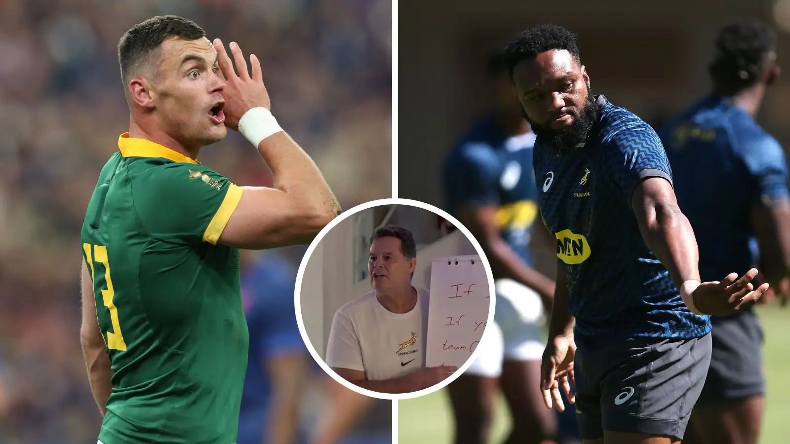 Springboks centre Jesse Kriel, head coach Rassie Erasmus and midfielder Lukhanyo Am.