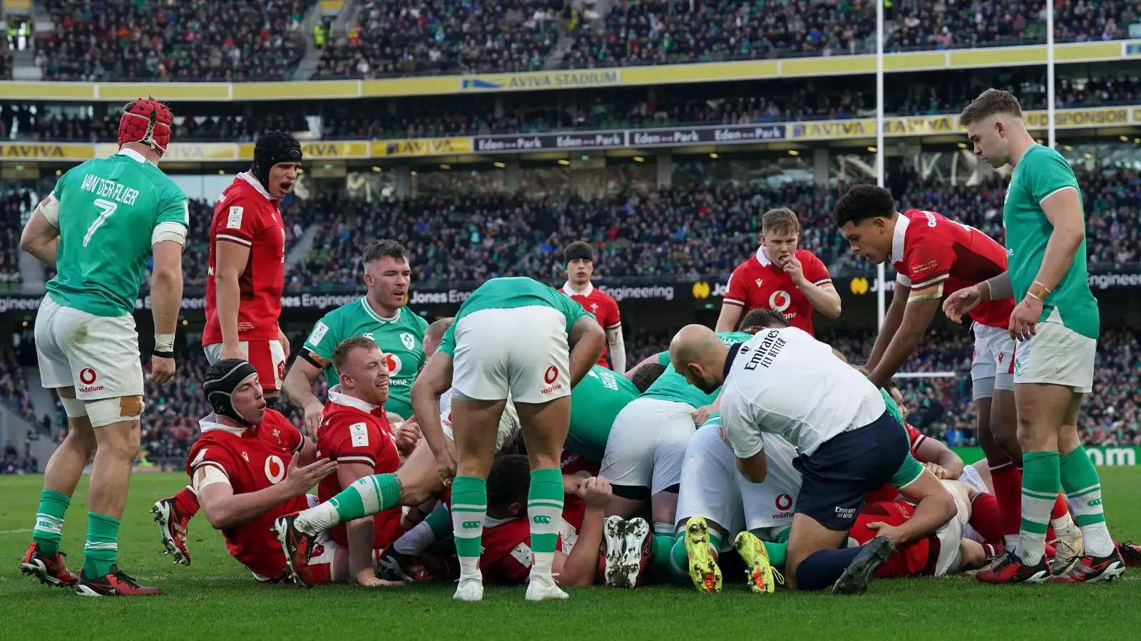 Wales players appeal to the referee before being awarded a penalty try during the Guinness Six Nations match at the Aviva Stadium in Dublin, Ireland.