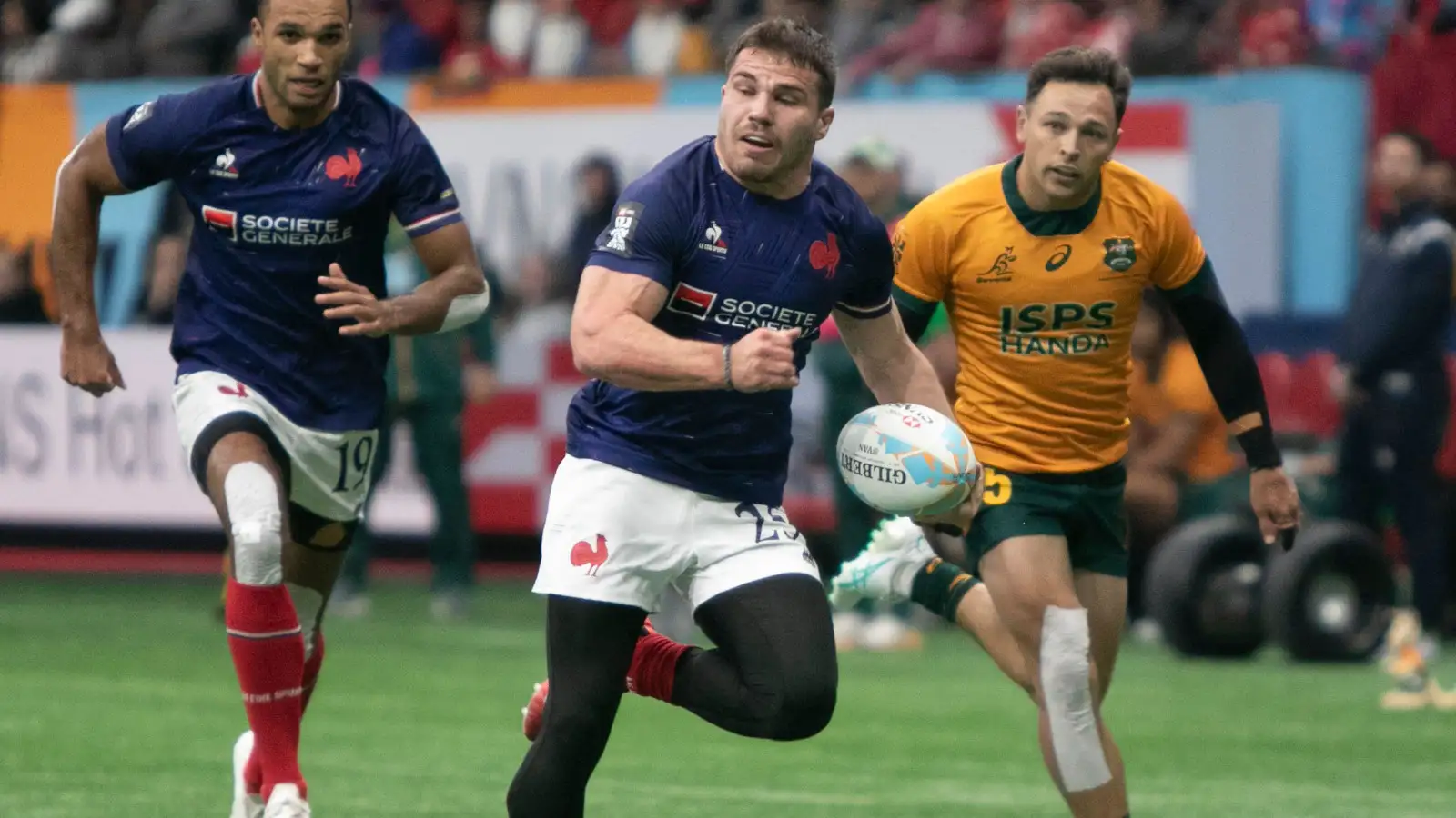 Antoine Dupont scoring a try for France against Australia in sevens in 2024.
