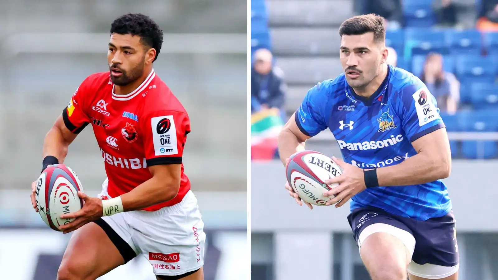 All Blacks and Toshiba Brave Lupus fly-half Richie Mo'unga and Springboks and Panasonic Wild Knights Damian de Allende.