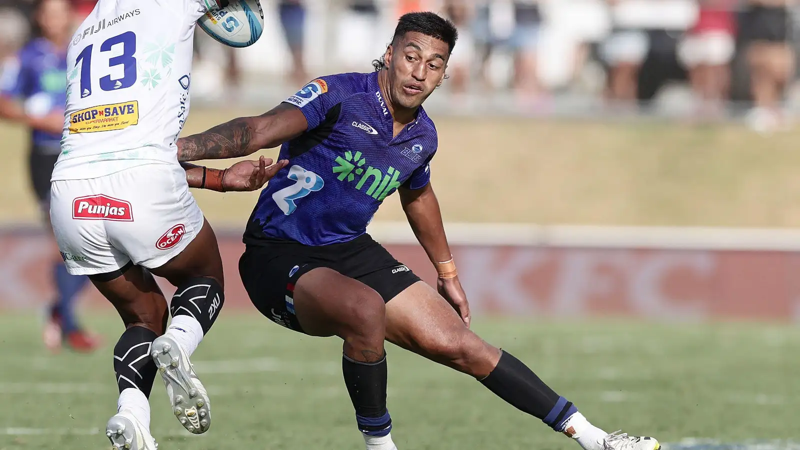 Rieko Ioane in action for Blues against Fijian Drua during 2024 Super Pacific season.