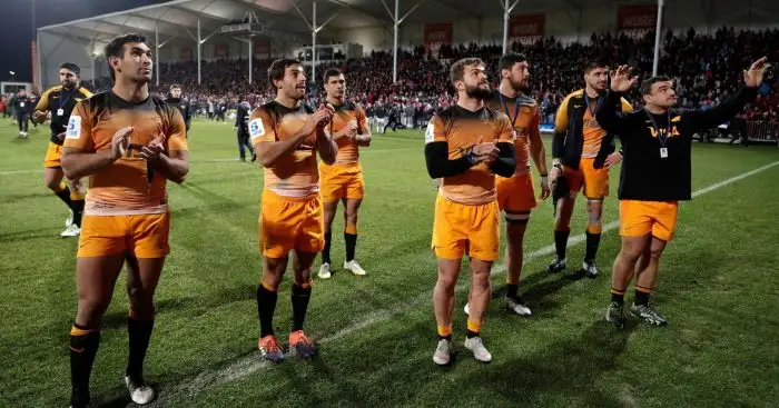 Jaguares players wave to their supporters after losing 19-3 to the Crusaders in the Super Rugby in Christchurch, New Zealand, Saturday, July 6, 2019.