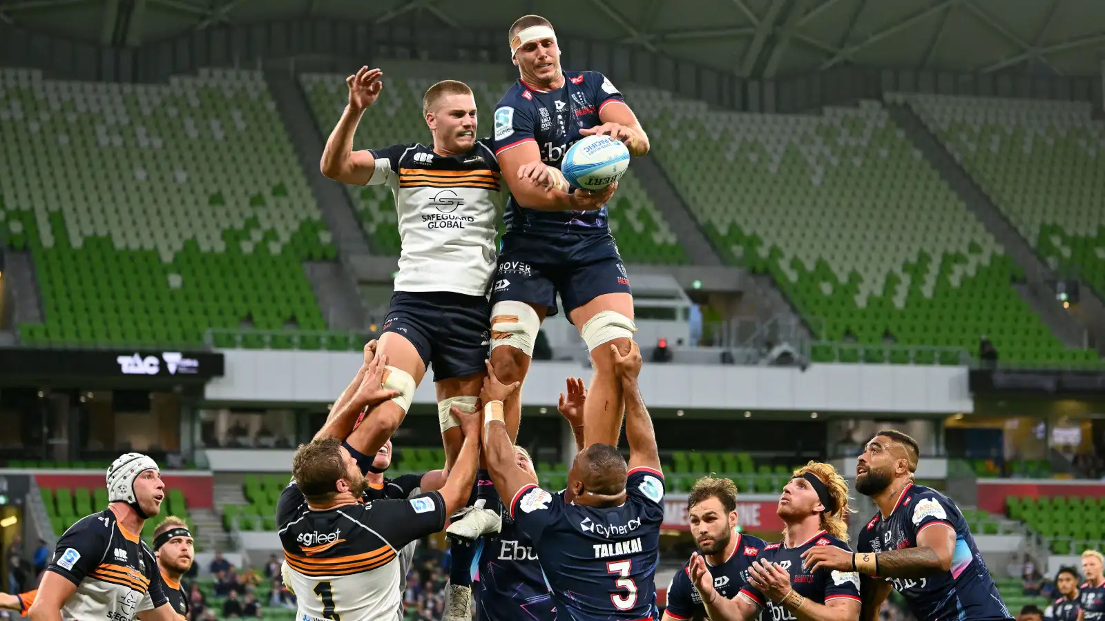 Melbourne Rebels taking on the Brumbies in front of a sparse crowd in 2024 Super Rugby Pacific.