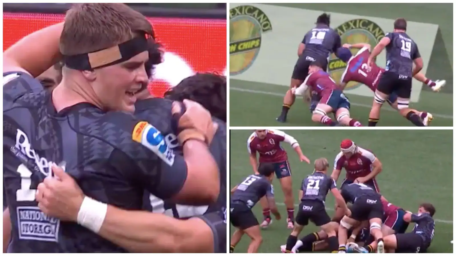 Hurricanes celebrate a winning try against the Reds.