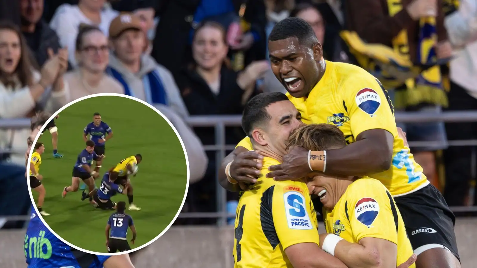 Backs Kini Naholo and Reuben Love celebrate a Josh Moorby first-half try. Wellington Hurricanes v Auckland Blues. Super Rugby Pacific.