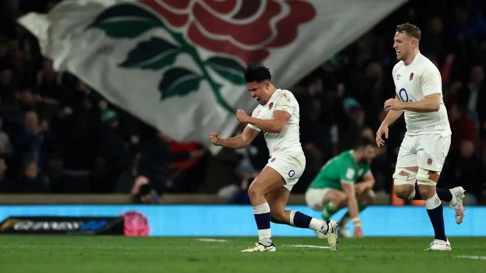 England's Marcus Smith, left, and teammate celebrate during the Six Nations rugby union international match between England and Ireland, at Twickenham stadium, London Saturday, March 9, 2024.