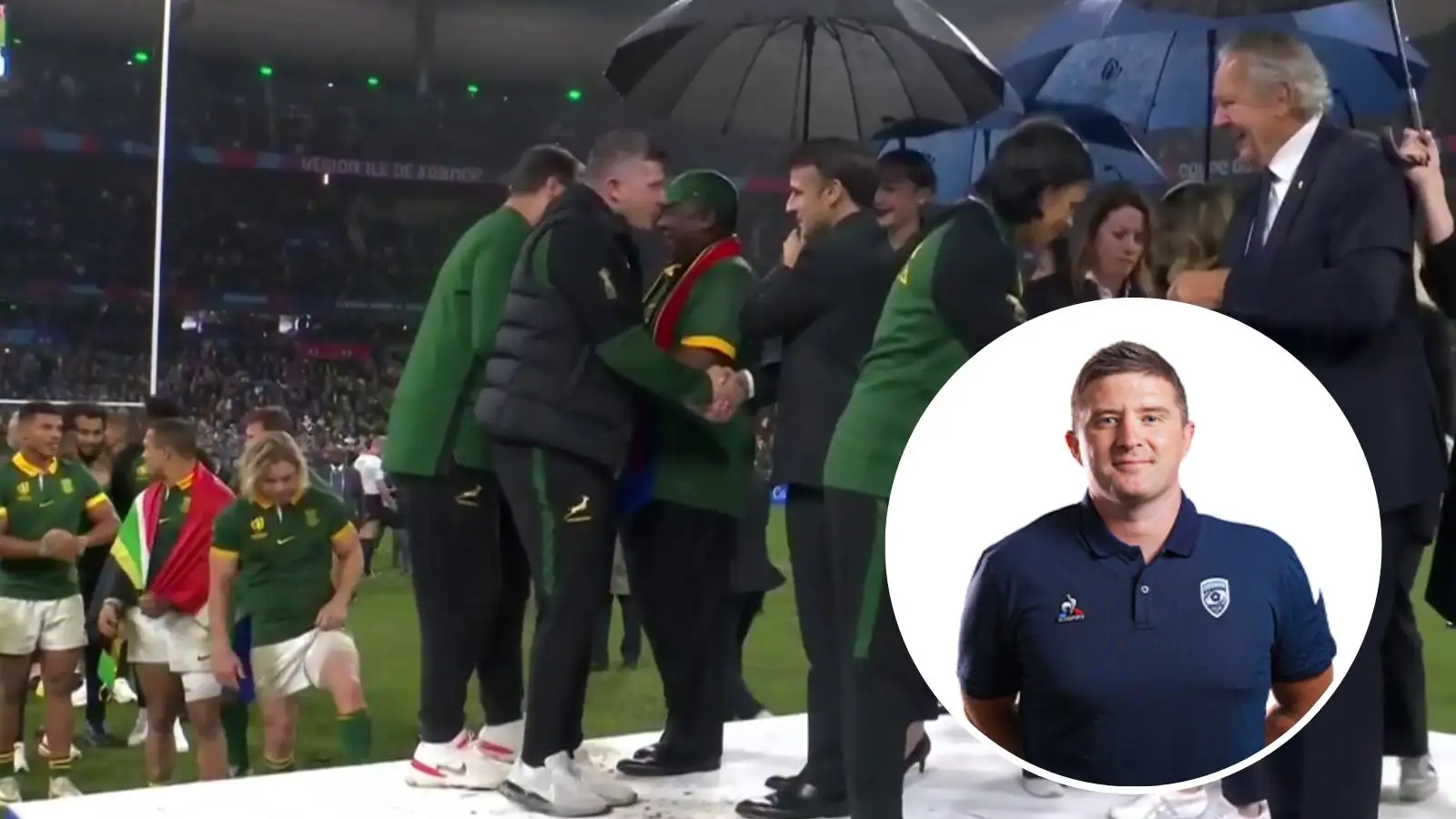 Irishman Paddy Sullivan receiving his Rugby World Cup winners' medal and his Montpellier headshot.