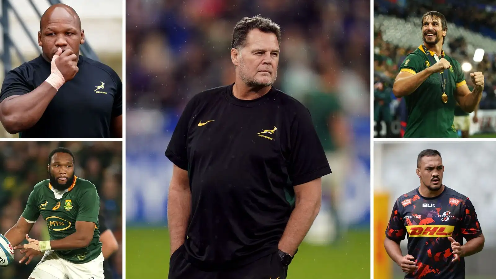Springboks hooker Bongi Mbonambi, centre Lukhanyo Am, head coach Rassie Erasmus, locks Eben Etzebeth and Salmaan Moerat.