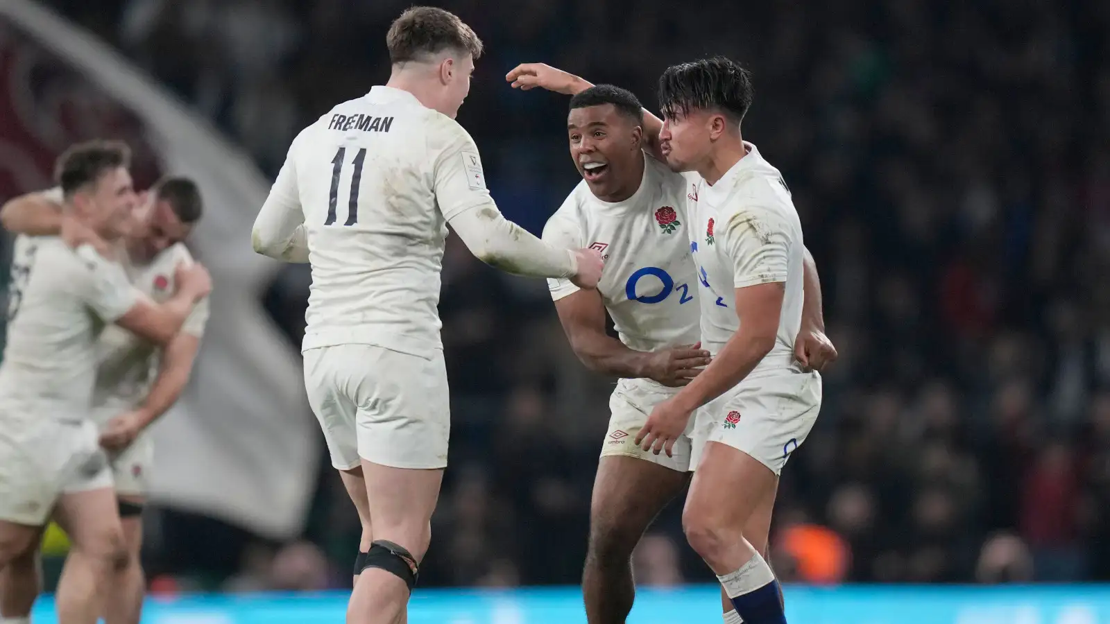 England duo Immanuel Feyi-Waboso and Marcus Smith celebrate win.