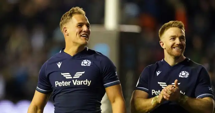 Scotland's Duhan van der Merwe (left) and Kyle Steyn applaud the fans after victory in the Guinness Six Nations match at the Scottish Gas Murrayfield Stadium, Edinburgh. Picture date: Saturday February 24, 2024.