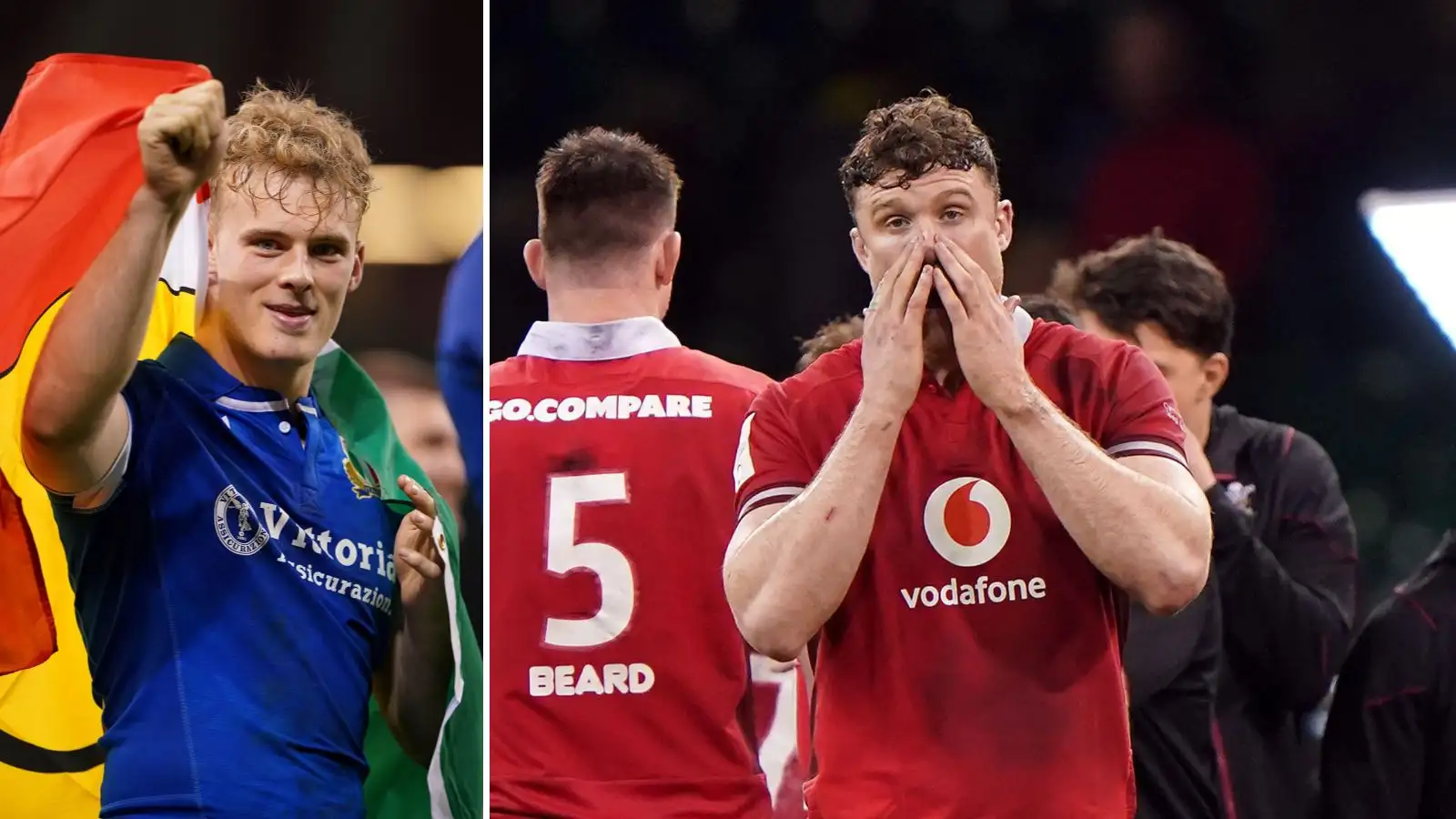 Italy's Louis Lynagh and Wales' Will Rowlands during the Guinness Six Nations match at the Principality Stadium, Cardiff.